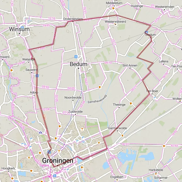 Miniatuurkaart van de fietsinspiratie "Graveltocht rond Groningen" in Groningen, Netherlands. Gemaakt door de Tarmacs.app fietsrouteplanner