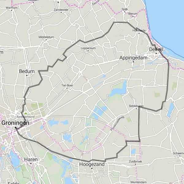 Miniatuurkaart van de fietsinspiratie "Wegroute Selwerd – Martinitoren – Farmsum – Groningen" in Groningen, Netherlands. Gemaakt door de Tarmacs.app fietsrouteplanner