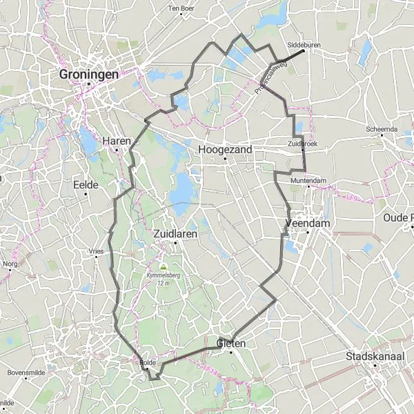 Miniatuurkaart van de fietsinspiratie "Groningen Wegenroutes: Zuidbroek naar De Paauwen" in Groningen, Netherlands. Gemaakt door de Tarmacs.app fietsrouteplanner