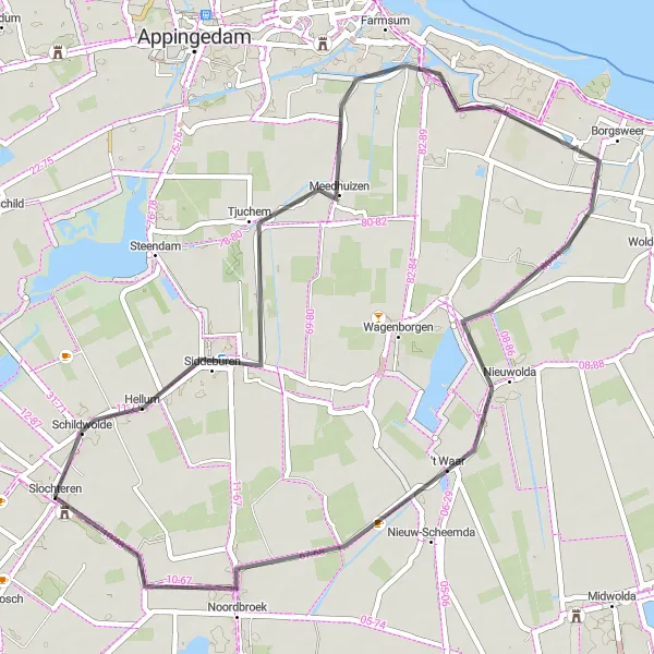 Miniatuurkaart van de fietsinspiratie "Landelijke Roadtrip door Oost-Groningen" in Groningen, Netherlands. Gemaakt door de Tarmacs.app fietsrouteplanner