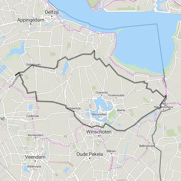 Miniatuurkaart van de fietsinspiratie "Woldendorp - Schildwolde Roadtrip" in Groningen, Netherlands. Gemaakt door de Tarmacs.app fietsrouteplanner