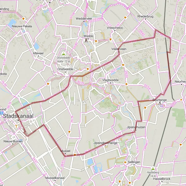 Map miniature of "Onstwedde and the Border just along: the amazing journey in between" cycling inspiration in Groningen, Netherlands. Generated by Tarmacs.app cycling route planner