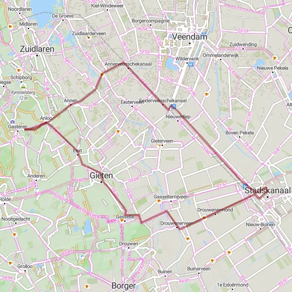 Miniatuurkaart van de fietsinspiratie "Gravel Avontuur naar Stadskanaal" in Groningen, Netherlands. Gemaakt door de Tarmacs.app fietsrouteplanner