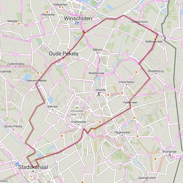 Map miniature of "Stadskanaal - Oude Pekela - Bellingwolde - Onstwedde Gravel Route" cycling inspiration in Groningen, Netherlands. Generated by Tarmacs.app cycling route planner
