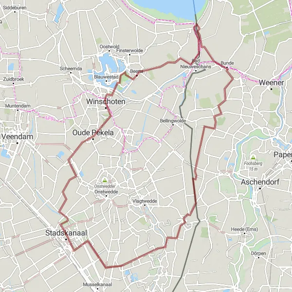 Map miniature of "Pekela - Drumlin - Beerta - Bunde - Vledderveen Gravel Route" cycling inspiration in Groningen, Netherlands. Generated by Tarmacs.app cycling route planner