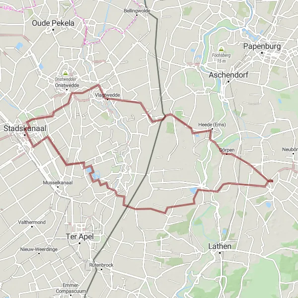 Map miniature of "Stadskanaal to Onstwedde and Heede (Ems)" cycling inspiration in Groningen, Netherlands. Generated by Tarmacs.app cycling route planner