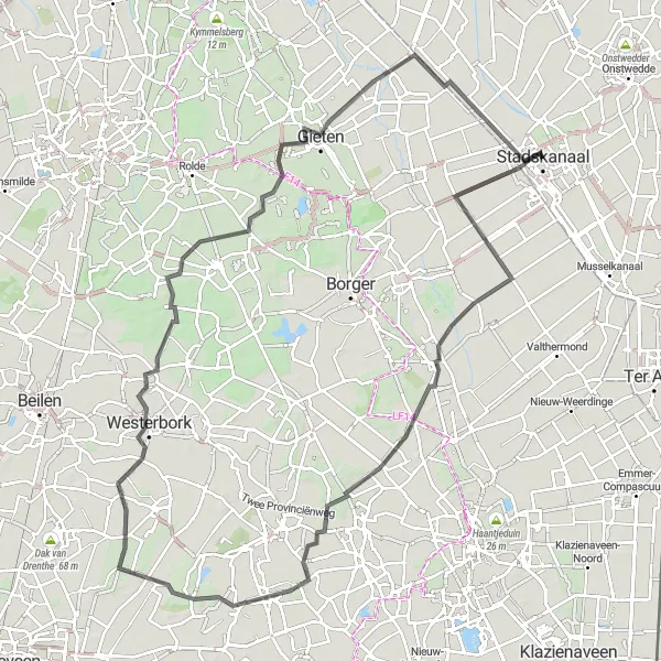 Map miniature of "The Westerbork Challenge" cycling inspiration in Groningen, Netherlands. Generated by Tarmacs.app cycling route planner