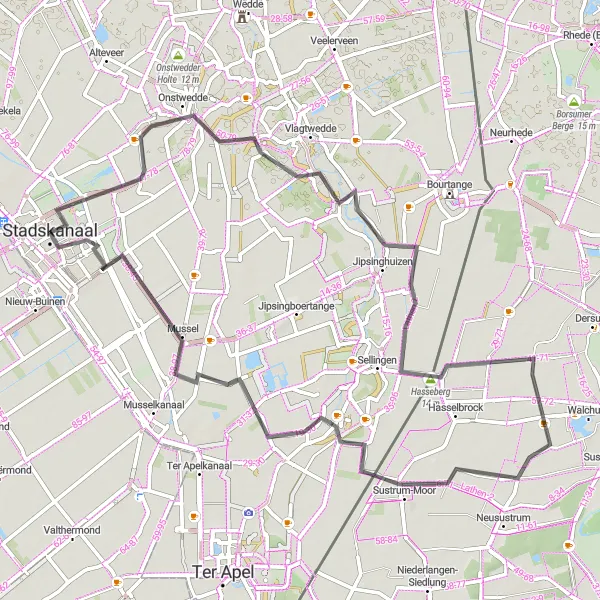Map miniature of "Onstwedde - Hasseberg - Wessingtange - Vledderveen Road Route" cycling inspiration in Groningen, Netherlands. Generated by Tarmacs.app cycling route planner