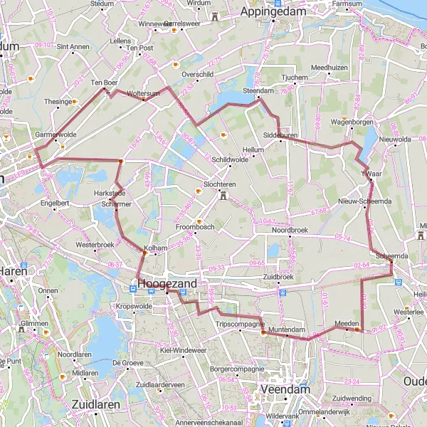 Map miniature of "Eastern Groningen Gravel Adventure" cycling inspiration in Groningen, Netherlands. Generated by Tarmacs.app cycling route planner