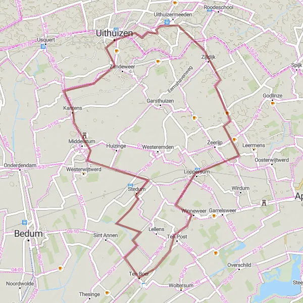 Map miniature of "Groningen Countryside Gravel Ride" cycling inspiration in Groningen, Netherlands. Generated by Tarmacs.app cycling route planner