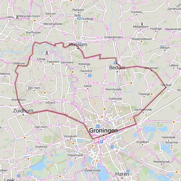 Map miniature of "Groningen City and Countryside Gravel Loop" cycling inspiration in Groningen, Netherlands. Generated by Tarmacs.app cycling route planner