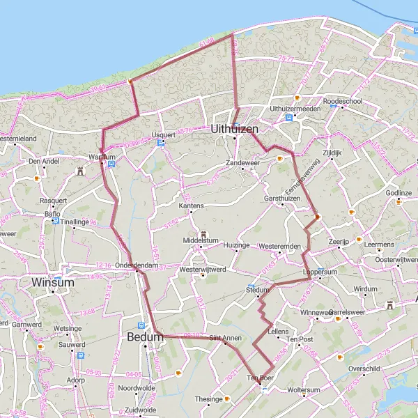 Map miniature of "Scenic Gravel Pathways" cycling inspiration in Groningen, Netherlands. Generated by Tarmacs.app cycling route planner