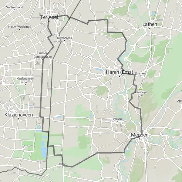 Map miniature of "Along the River Ems" cycling inspiration in Groningen, Netherlands. Generated by Tarmacs.app cycling route planner