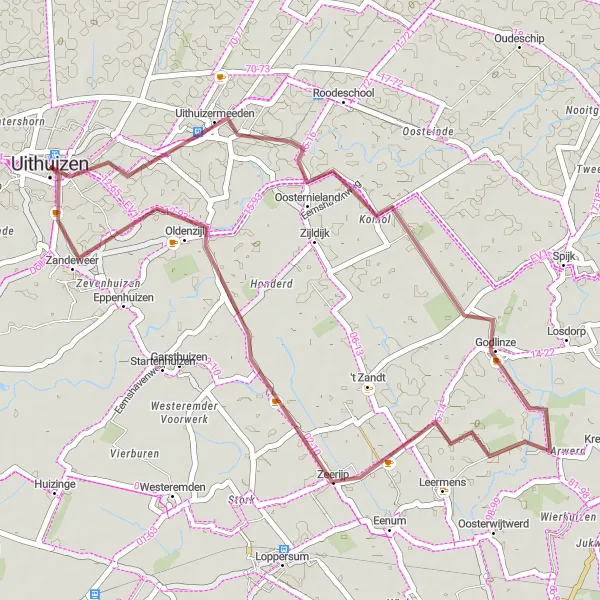 Map miniature of "Uithuizen - Oosternieland - Godlinze - Doodstil Gravel Route" cycling inspiration in Groningen, Netherlands. Generated by Tarmacs.app cycling route planner