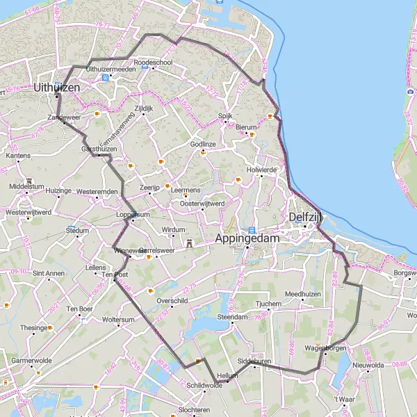 Map miniature of "North Groningen Road Loop" cycling inspiration in Groningen, Netherlands. Generated by Tarmacs.app cycling route planner