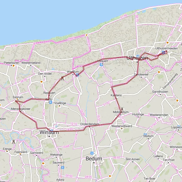 Map miniature of "Uithuizermeeden - Warffum - Mensingeweer - Kantens - Uithuizermeeden" cycling inspiration in Groningen, Netherlands. Generated by Tarmacs.app cycling route planner