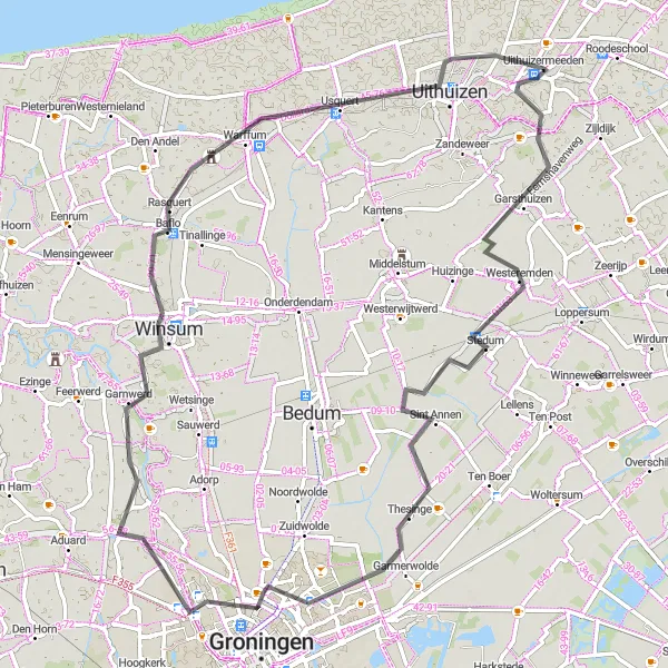 Map miniature of "Stedum and Warffum Road Route" cycling inspiration in Groningen, Netherlands. Generated by Tarmacs.app cycling route planner