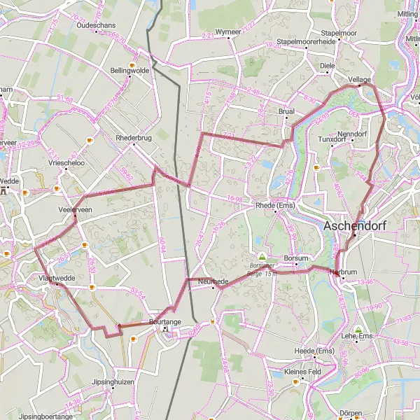 Map miniature of "Vlagtwedde - Veelerveen - Vellage - Aschendorf - Borsumer Berge" cycling inspiration in Groningen, Netherlands. Generated by Tarmacs.app cycling route planner