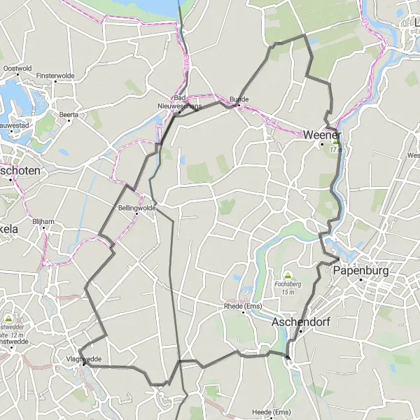 Map miniature of "Vlagtwedde - Veelerveen - Booneschans - Steinhaus Bunderhee - Weener - Aschendorf - Borsumer Berge" cycling inspiration in Groningen, Netherlands. Generated by Tarmacs.app cycling route planner