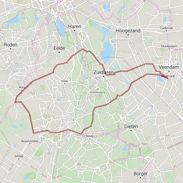Miniatuurkaart van de fietsinspiratie "Gravelroute van Wildervank naar Zuidlaren en Norg" in Groningen, Netherlands. Gemaakt door de Tarmacs.app fietsrouteplanner