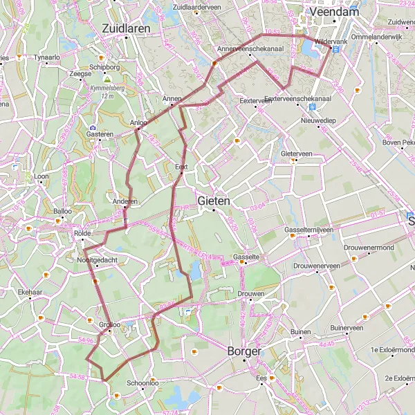 Map miniature of "Anloo to Nieuw Annerveen Gravel Route" cycling inspiration in Groningen, Netherlands. Generated by Tarmacs.app cycling route planner