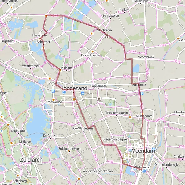 Miniatuurkaart van de fietsinspiratie "Gravelroute langs Hoogezand en Veendam" in Groningen, Netherlands. Gemaakt door de Tarmacs.app fietsrouteplanner