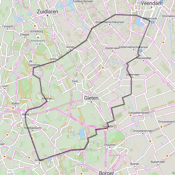 Miniatuurkaart van de fietsinspiratie "Ontdek de natuur van Gieterveen en Anderen per fiets" in Groningen, Netherlands. Gemaakt door de Tarmacs.app fietsrouteplanner