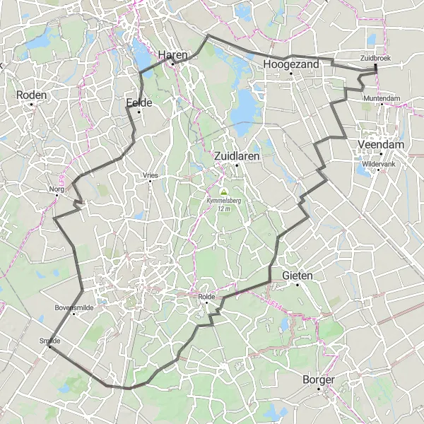 Map miniature of "Borgercompagnie - Sappemeer Road Route" cycling inspiration in Groningen, Netherlands. Generated by Tarmacs.app cycling route planner