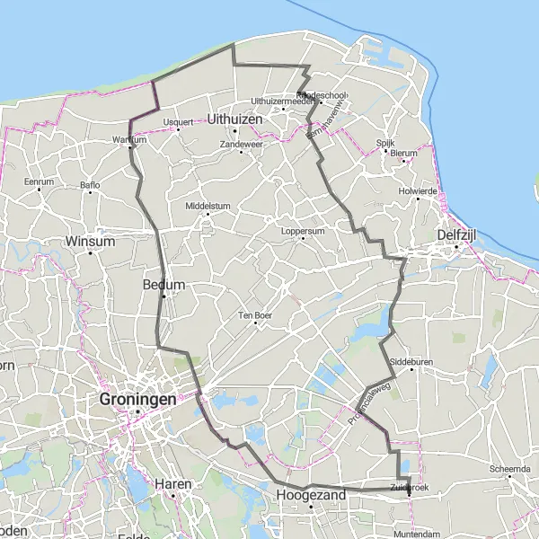 Miniatuurkaart van de fietsinspiratie "Groninger Waddenkust Avontuur" in Groningen, Netherlands. Gemaakt door de Tarmacs.app fietsrouteplanner