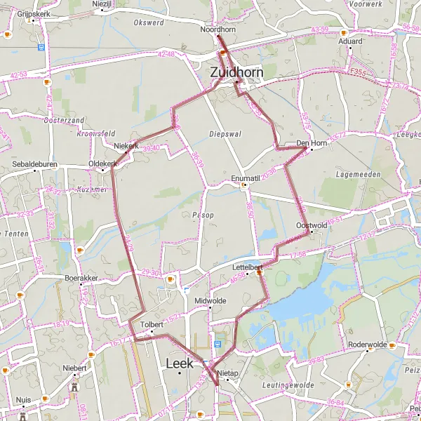 Miniatuurkaart van de fietsinspiratie "Gravelavontuur rond Zuidhorn - 34 km" in Groningen, Netherlands. Gemaakt door de Tarmacs.app fietsrouteplanner