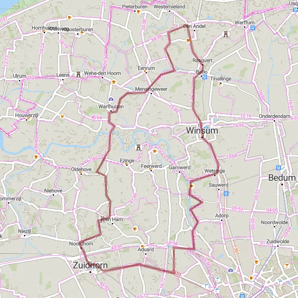 Map miniature of "Explore the Warfhuizen Loop" cycling inspiration in Groningen, Netherlands. Generated by Tarmacs.app cycling route planner