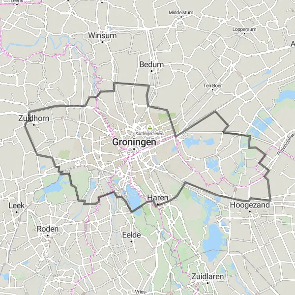 Map miniature of "Around Zuidhorn" cycling inspiration in Groningen, Netherlands. Generated by Tarmacs.app cycling route planner