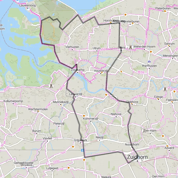 Miniatuurkaart van de fietsinspiratie "Rondje Zuidhorn - 60 km" in Groningen, Netherlands. Gemaakt door de Tarmacs.app fietsrouteplanner