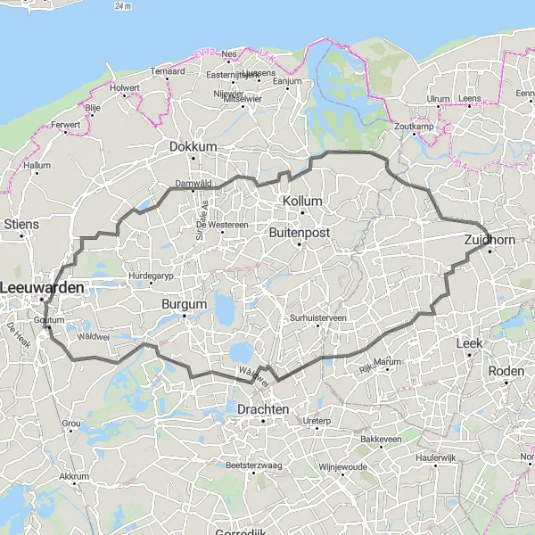 Miniatuurkaart van de fietsinspiratie "Fietstocht door Noord-Groningen - 113 km" in Groningen, Netherlands. Gemaakt door de Tarmacs.app fietsrouteplanner