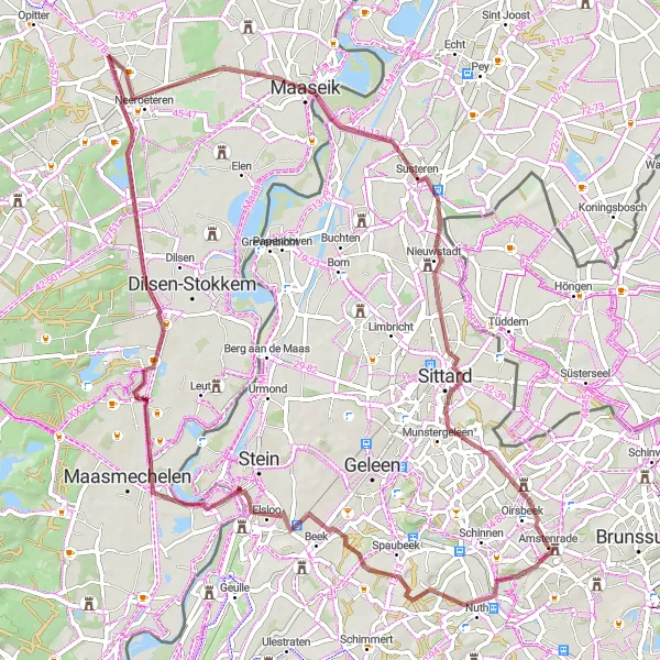 Map miniature of "Gravel Adventure to Maaseik" cycling inspiration in Limburg (NL), Netherlands. Generated by Tarmacs.app cycling route planner