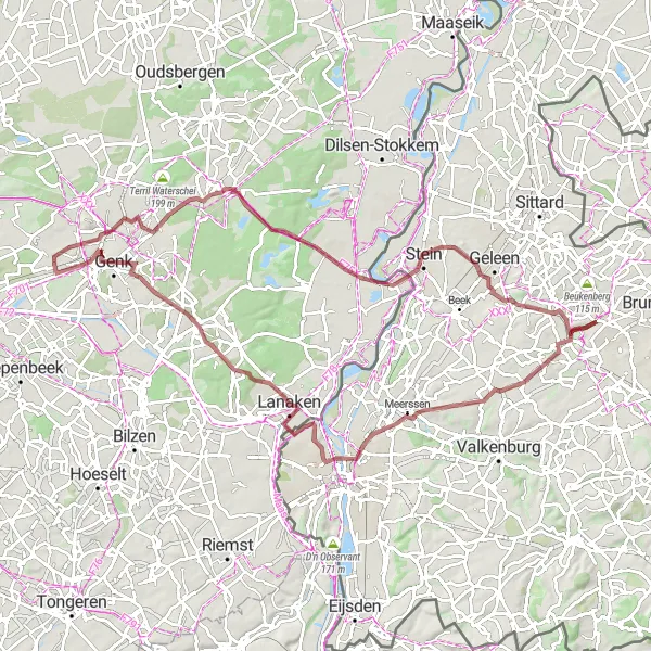 Miniatuurkaart van de fietsinspiratie "Avontuurlijke Grindroute naar Maasmechelen" in Limburg (NL), Netherlands. Gemaakt door de Tarmacs.app fietsrouteplanner