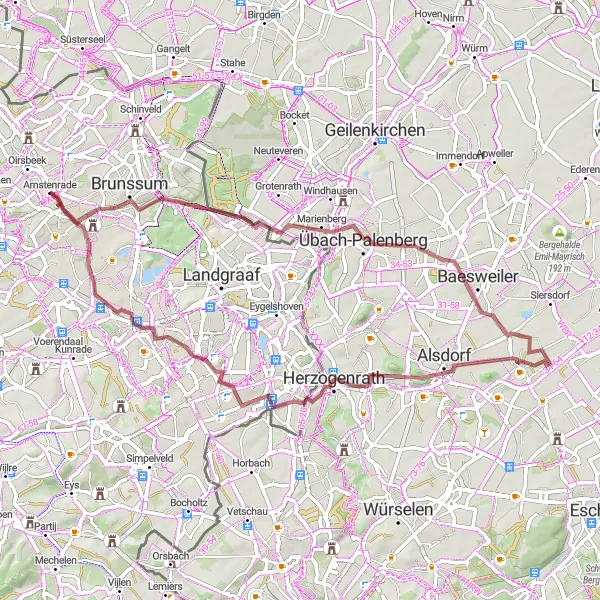 Miniatuurkaart van de fietsinspiratie "Bettendorf en Heerlen Gravelavontuur" in Limburg (NL), Netherlands. Gemaakt door de Tarmacs.app fietsrouteplanner