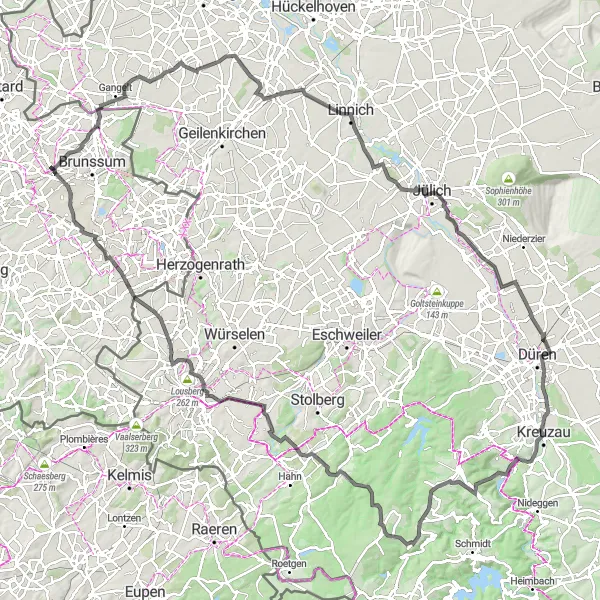 Miniatuurkaart van de fietsinspiratie "Historische Fietsroute door Limburg" in Limburg (NL), Netherlands. Gemaakt door de Tarmacs.app fietsrouteplanner