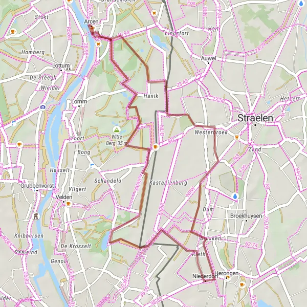 Map miniature of "Arcen and its Surroundings" cycling inspiration in Limburg (NL), Netherlands. Generated by Tarmacs.app cycling route planner