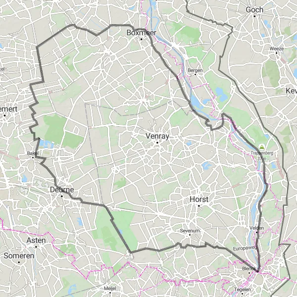 Map miniature of "Road to Venlo and Beyond" cycling inspiration in Limburg (NL), Netherlands. Generated by Tarmacs.app cycling route planner