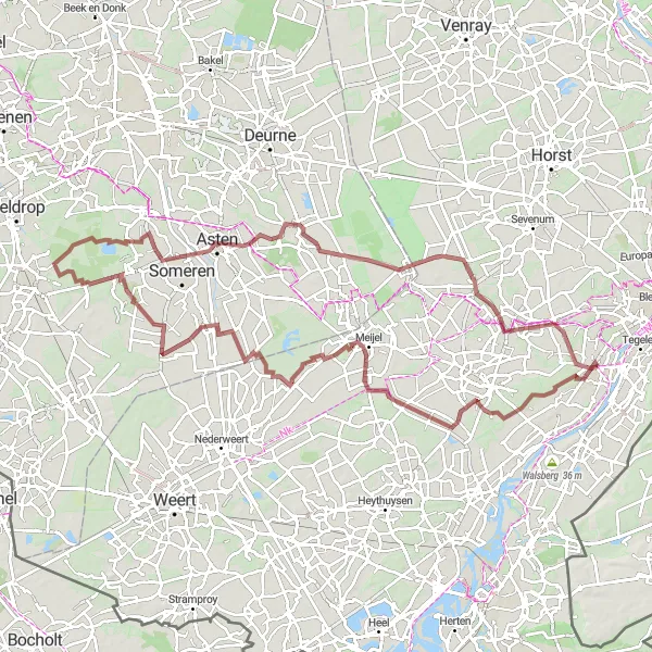 Map miniature of "Baarlo and Surroundings Gravel Route" cycling inspiration in Limburg (NL), Netherlands. Generated by Tarmacs.app cycling route planner