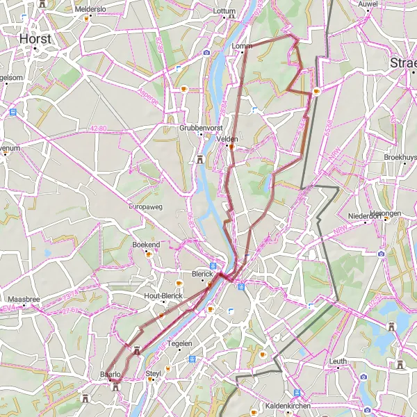 Map miniature of "Picturesque Gravel Ride around Velden" cycling inspiration in Limburg (NL), Netherlands. Generated by Tarmacs.app cycling route planner