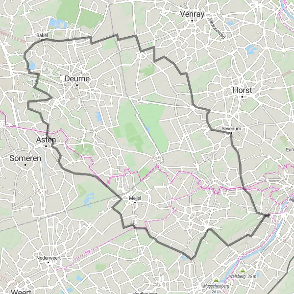 Map miniature of "Baarlo Castle and Ysselsteyn Loop" cycling inspiration in Limburg (NL), Netherlands. Generated by Tarmacs.app cycling route planner