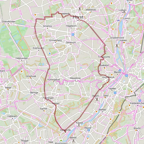Map miniature of "Beesel - Horst - Baarlo - Beesel" cycling inspiration in Limburg (NL), Netherlands. Generated by Tarmacs.app cycling route planner