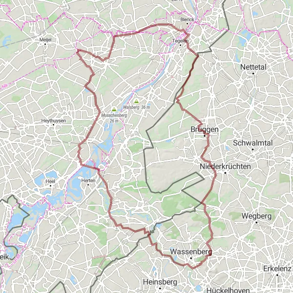 Map miniature of "Wilderness and Waterways" cycling inspiration in Limburg (NL), Netherlands. Generated by Tarmacs.app cycling route planner