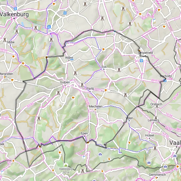 Miniatuurkaart van de fietsinspiratie "Bergachtige tocht door Zuid-Limburg" in Limburg (NL), Netherlands. Gemaakt door de Tarmacs.app fietsrouteplanner