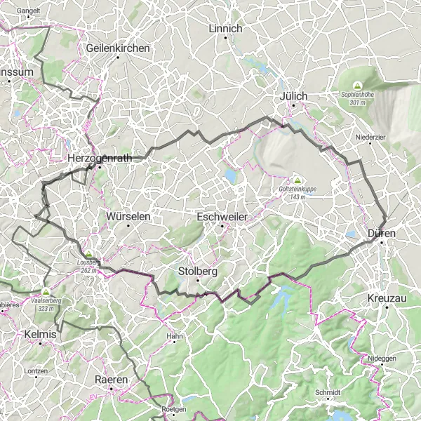 Map miniature of "Challenging Road Climbs and Historic Towns" cycling inspiration in Limburg (NL), Netherlands. Generated by Tarmacs.app cycling route planner