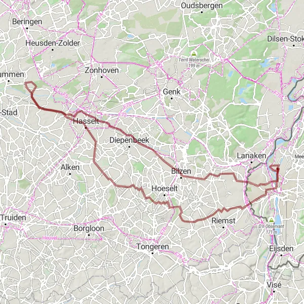 Map miniature of "Discovering Hidden Gems" cycling inspiration in Limburg (NL), Netherlands. Generated by Tarmacs.app cycling route planner