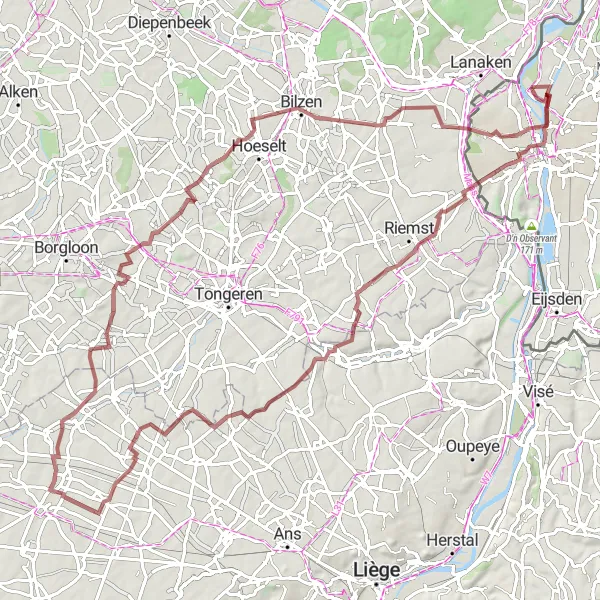 Miniatuurkaart van de fietsinspiratie "Lange graveltocht door Limburg en Vlaanderen" in Limburg (NL), Netherlands. Gemaakt door de Tarmacs.app fietsrouteplanner