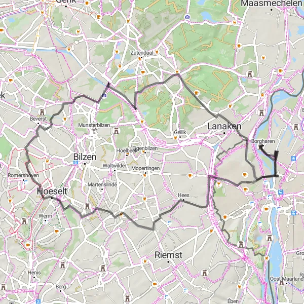 Miniatuurkaart van de fietsinspiratie "Historische fietsroute langs Maas en heuvels" in Limburg (NL), Netherlands. Gemaakt door de Tarmacs.app fietsrouteplanner